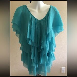 Catherine Malandrino Cap Sleeve Silk Ruffle Tiered Blouse Turquoise Blue sz 2